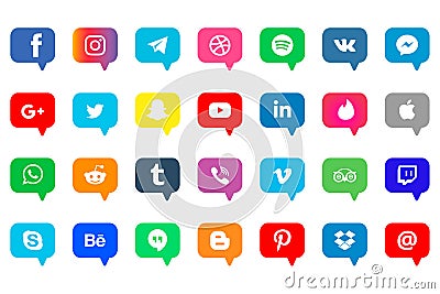 Social media icons set. Facebook, twitter, instagram, youtube, snapchat, pinterest, whatsap, vk, viber, Google, skype. Collection Editorial Stock Photo