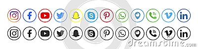 Facebook, twitter, instagram, youtube, snapchat, skype, pinterest, whatsap, linkedin, periscope, vimeo - Collection of popular Vector Illustration