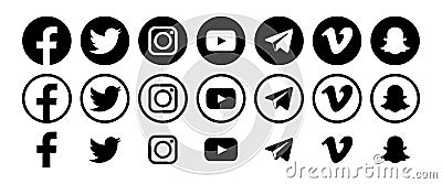 Facebook Twitter Instagram Youtube, Telegram, Vimeo, Snapchat - popular social media, messengers, video platform, internet Vector Illustration