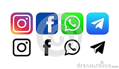 Facebook, WhatsApp, Telegram and Instagram logos. Isolated on white background. Editorial Stock Photo