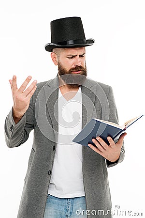 Faced with senseless drama. Eloquence and diction. Bearded man read book. Poetry reading. Book presentation. Literature Stock Photo