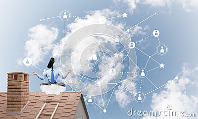 Concept of security and privacy protection with camera headed man meditating Stock Photo