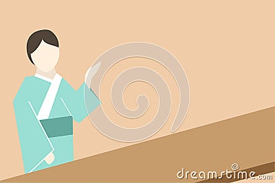 faceless character, waitress in tradition Japanese dress or Yukata point the hand to menu or restaurant promotion Vector Illustration