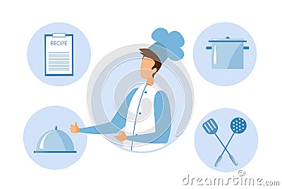 Faceless Chef and Kitchen Appliances in Rounds Vector Illustration