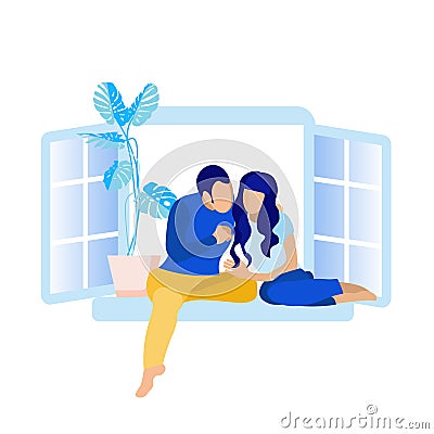 Faceless Couple Sitting on Windowsill Cartoon Vector Illustration