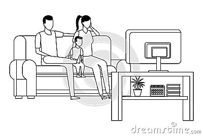 Faceless family sofa together in black and white Vector Illustration