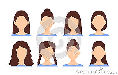 Faceless Female Faces. Set. Brunette Women Blank Empty Faces with Beautiful Hairstyles. Caucasian Skin. Brown Hair. Front view. Vector Illustration