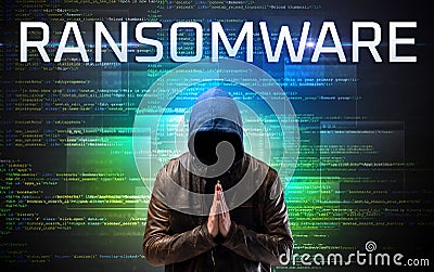 Faceless hacker on code background Stock Photo