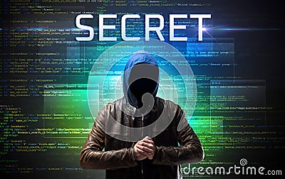 Faceless hacker on code background Stock Photo