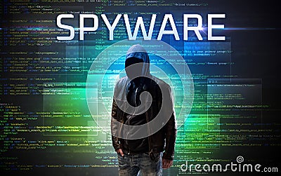Faceless hacker on code background Stock Photo