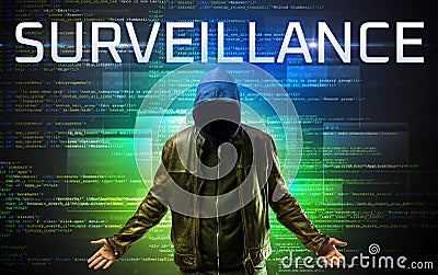 Faceless hacker on code background Stock Photo