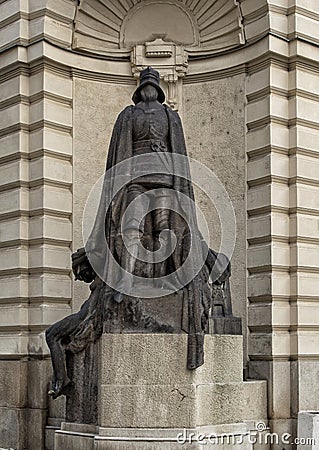 The Faceless Knight by Ladislav Saloun, outside Prauge`s city hall, Czech Republic. Editorial Stock Photo