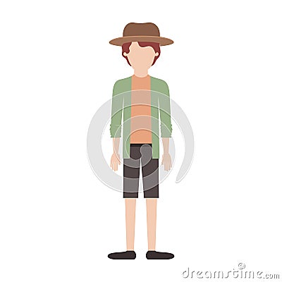 Faceless man with hat and shirt with jacket and short pants and shoes with short wavy hair in colorful silhouette Vector Illustration