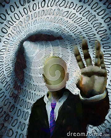 Faceless man in tunnel of binary code Stock Photo