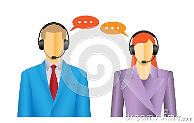 Faceless man and woman call center wearing headsets with colorful speech bubbles conceptual of client services and communication Vector Illustration