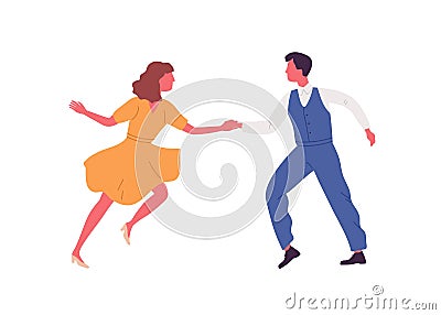 Faceless pair dancing lindy hop in 1950s style costumes. Retro couple holding hands and dance swing together. People on Vector Illustration