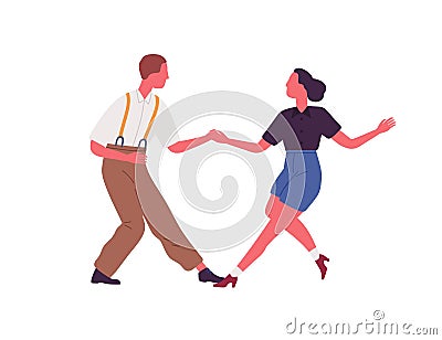 Faceless pair holding hands and dancing lindy hop dance together. Party time in retro rock n roll style. Couple of 1940s Vector Illustration