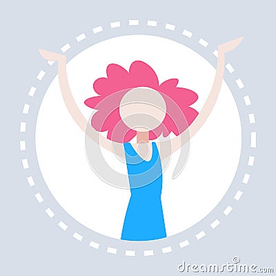 Faceless woman raising hands round frame gray background female cartoon character portrait flat Vector Illustration