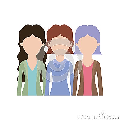 Faceless women in half body with casual clothes and wavy and short hair in colorful silhouette Vector Illustration