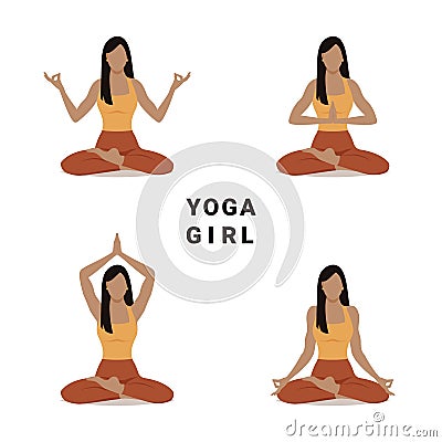 Faceless young woman in lotus position in four yoga variations Vector Illustration