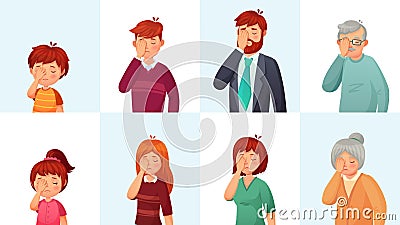 Facepalm gesture. Disappointed people embarrassed faces, hide face behind palm and shame gestures cartoon vector Vector Illustration