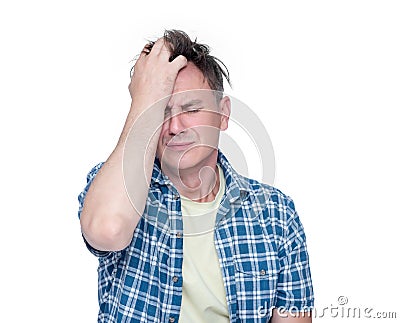 Facepalm man, Portrait male in shirt epic fail emotion, isolated on white background. Stock Photo