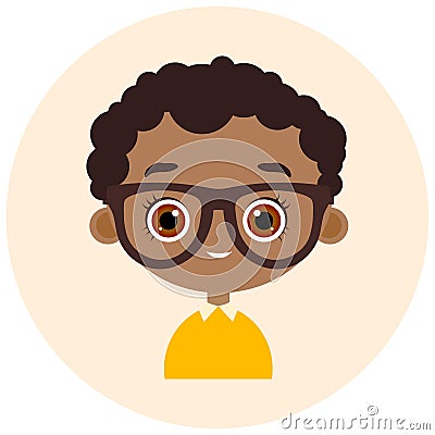 Faces Avatar in circle. Portrait African American boy with glasses. Vector illustration eps 10. Flat cartoon style. Vector Illustration