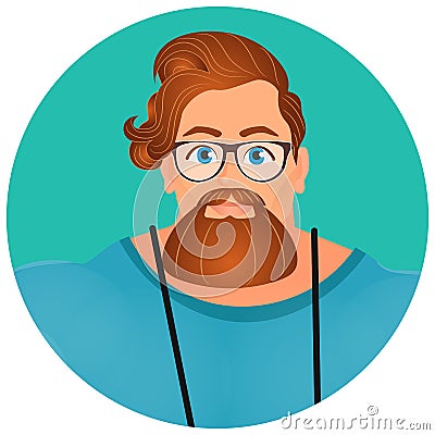 Faces Avatar in circle. Portrait Brutal Young Bearded Hipster male in eyeglasses. Vector Illustration