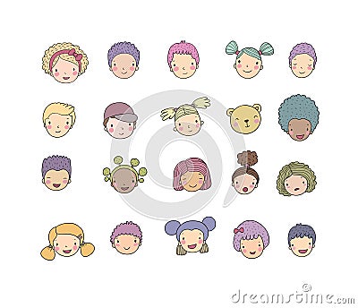 Faces of children. Cute cartoon boys and girls of different nationalities. Avatars set of funny kids. - Vector Vector Illustration