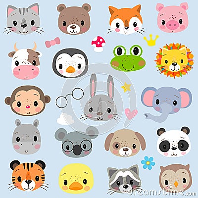 Faces Cute Cartoon Animals on a white background Vector Illustration