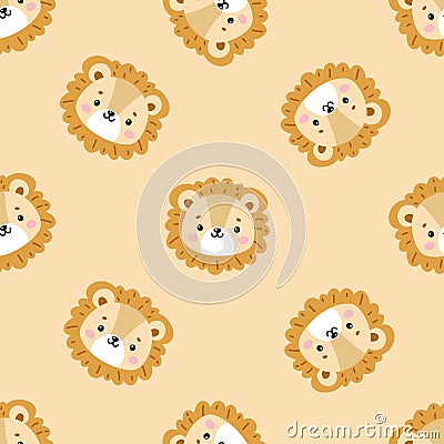 Faces of a cute little lion cub, cat footprints. Cute animal faces on beige background Vector Illustration