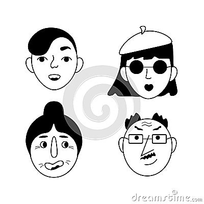 Faces. Image of faces. A network of people of different genders and ages. Monochrome avatars. Black and white images of Vector Illustration