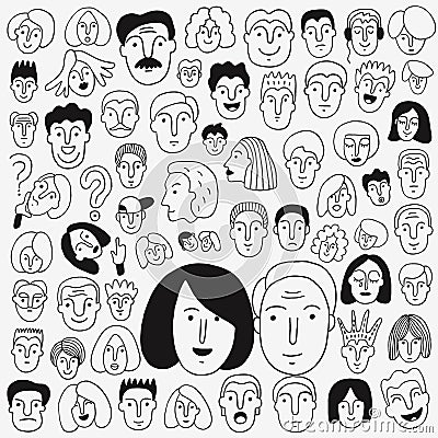 Faces of people - doodle set, pencil drawings Vector Illustration