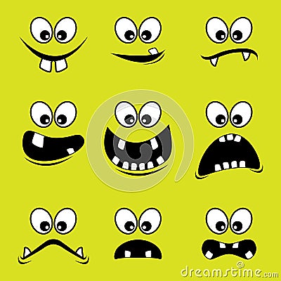 Faces of monsters on a green background Vector Illustration