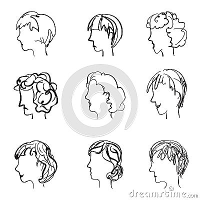 Faces profile with different expressions in retro sketch style. Stock Photo