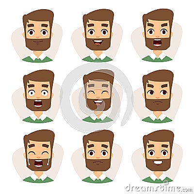 Faces vector characters mosaic of young beard man expressing different emotions icons. Vector Illustration
