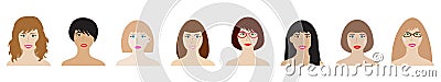 Faces of women set vector illustration. Beautiful young girls portrait avatar, isolated Vector Illustration