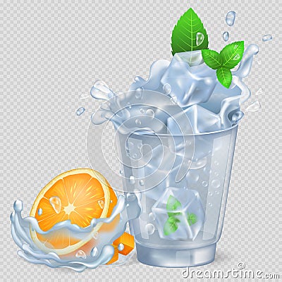 Faceted Glass of Water with Ice and Orange Vector Illustration