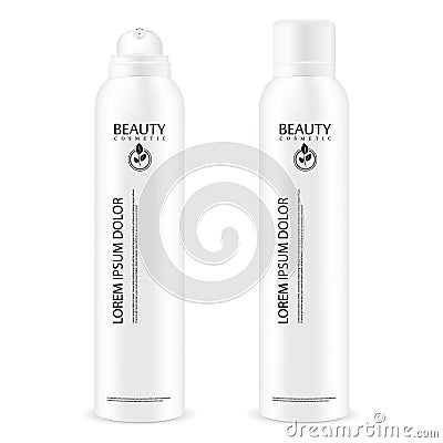 Aerosol spray metal bottle with lid. Deodorant antiperspirant or cosmetic hairspray can template. Vector Illustration