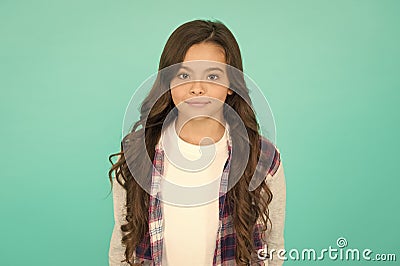 Facial care. kid spring and autumn fashion. little beauty. express positive emotions. happy small girl turquoise Stock Photo