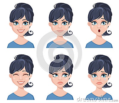 Facial expressions of a beautiful woman. Different female emotions set. Vector Illustration