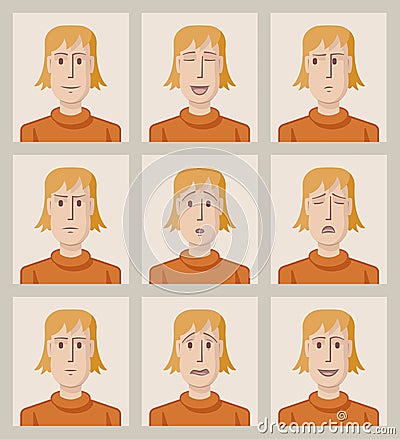 Facial expressions of a young man. Flat Vector Illustration