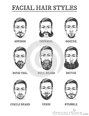 Facial hair styles barber guide set Vector Illustration