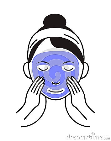 Facial mask sheet applying icon vector. Girl shows how to cleaning, whiting face and use cosmetic mask. Info-graphic in outline Cartoon Illustration