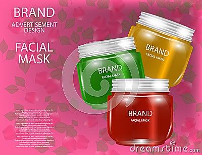 Facial Mask for Skin on the sparkling Background, Concept Skin Care Cosmetic. Mock-up of mask jar. Vector Illustration