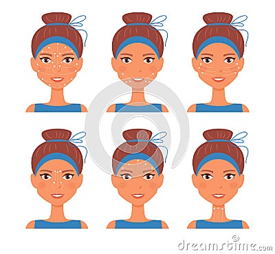 Facial massage. Guide line Vector. Cartoon. Isolated art on white background. Vector Illustration