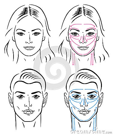 Facial massaging lines for man and woman Vector Illustration