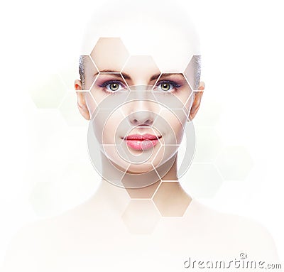 Beautiful face of young and healthy girl. Plastic surgery, skin care, cosmetics and face lifting concept. Stock Photo