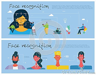 Facial recognition concept. Face ID, face recognition system with intellectual learning system. Flat design graphic elements Stock Photo