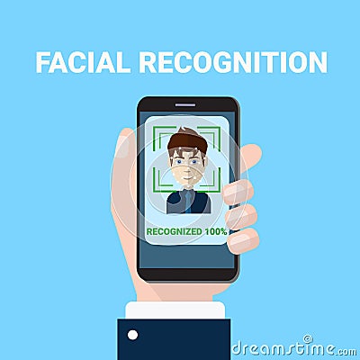 Facial Recognition Concept Hand Holding Smartphone Scanning Of Male Face Biometrics Scan Access Technology Concept Vector Illustration